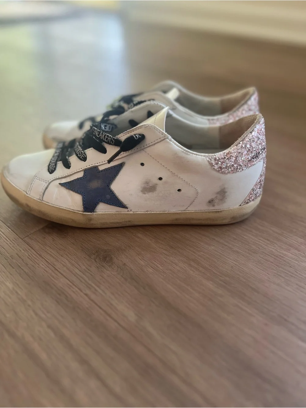 Golden Goose White Sneakers with Navy Star and Black Laces